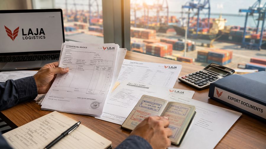 Hands organizing shipping documents and export paperwork at a desk
