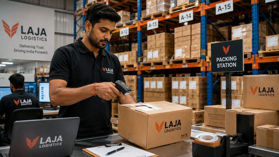 Warehouse worker scanning a package barcode at a packing station